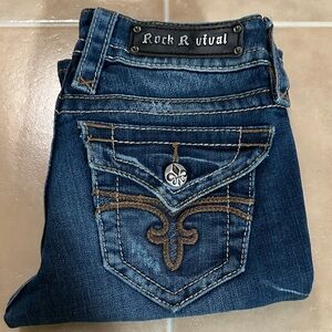 Rock Revival Women's Dark Blue Jeans with Brown Stitching